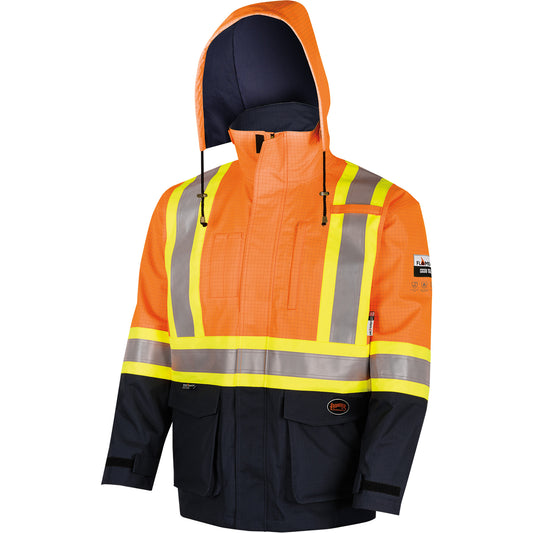 Pioneer 4484 Defender® FR/Arc/Antistatic Trilaminate Safety Jacket, Small, Black/High Visibility Orange, 11 cal/cm²