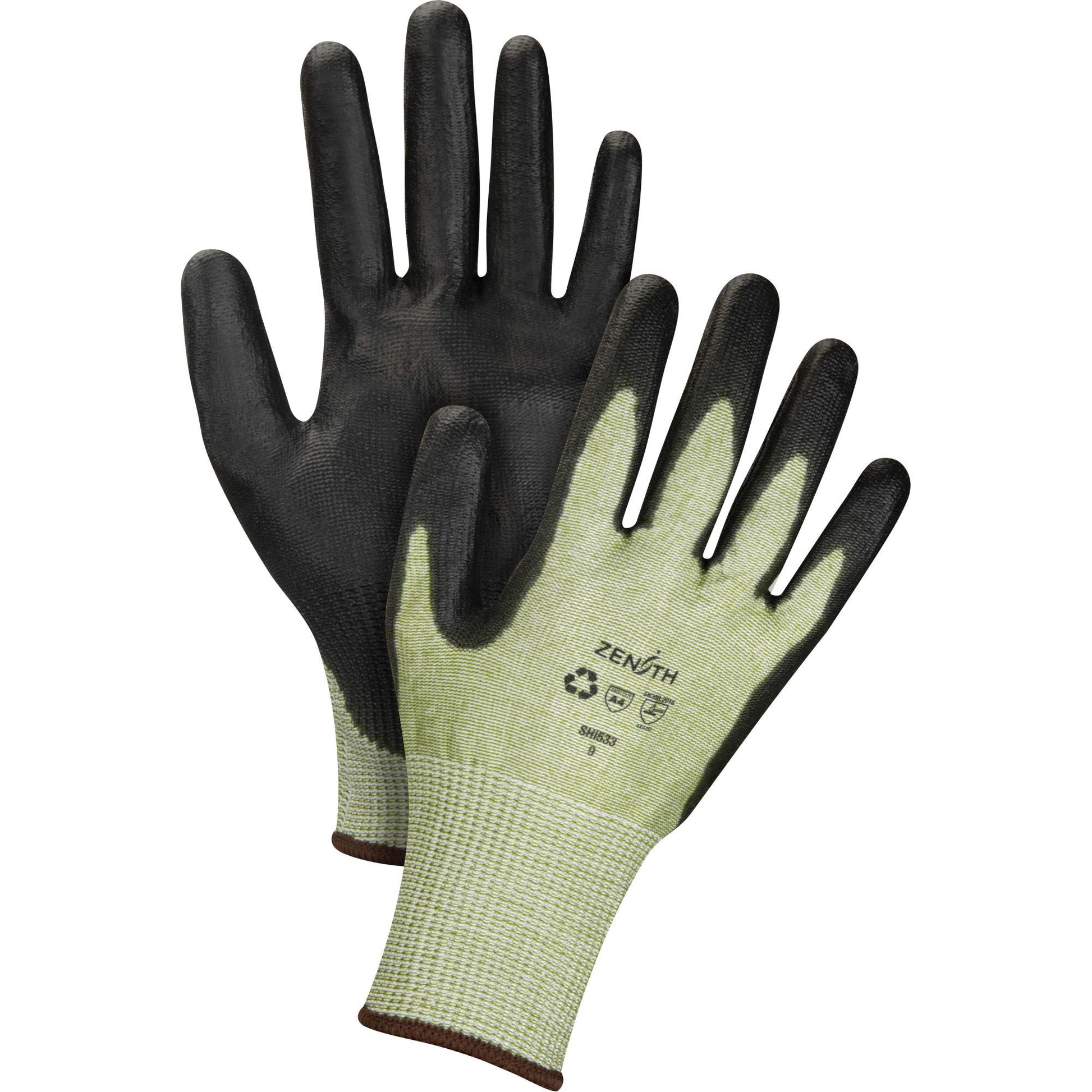 Zenith Safety Products Eco-Friendly Seamless Cut-Resistant Gloves, Size 7, 13 Gauge, Polyurethane Coated, HPPE/RPET Shell, ASTM ANSI Level A4