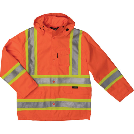 Tough Duck Ripstop Safety Rain Jacket, Polyester, 2X-Large, High Visibility Orange