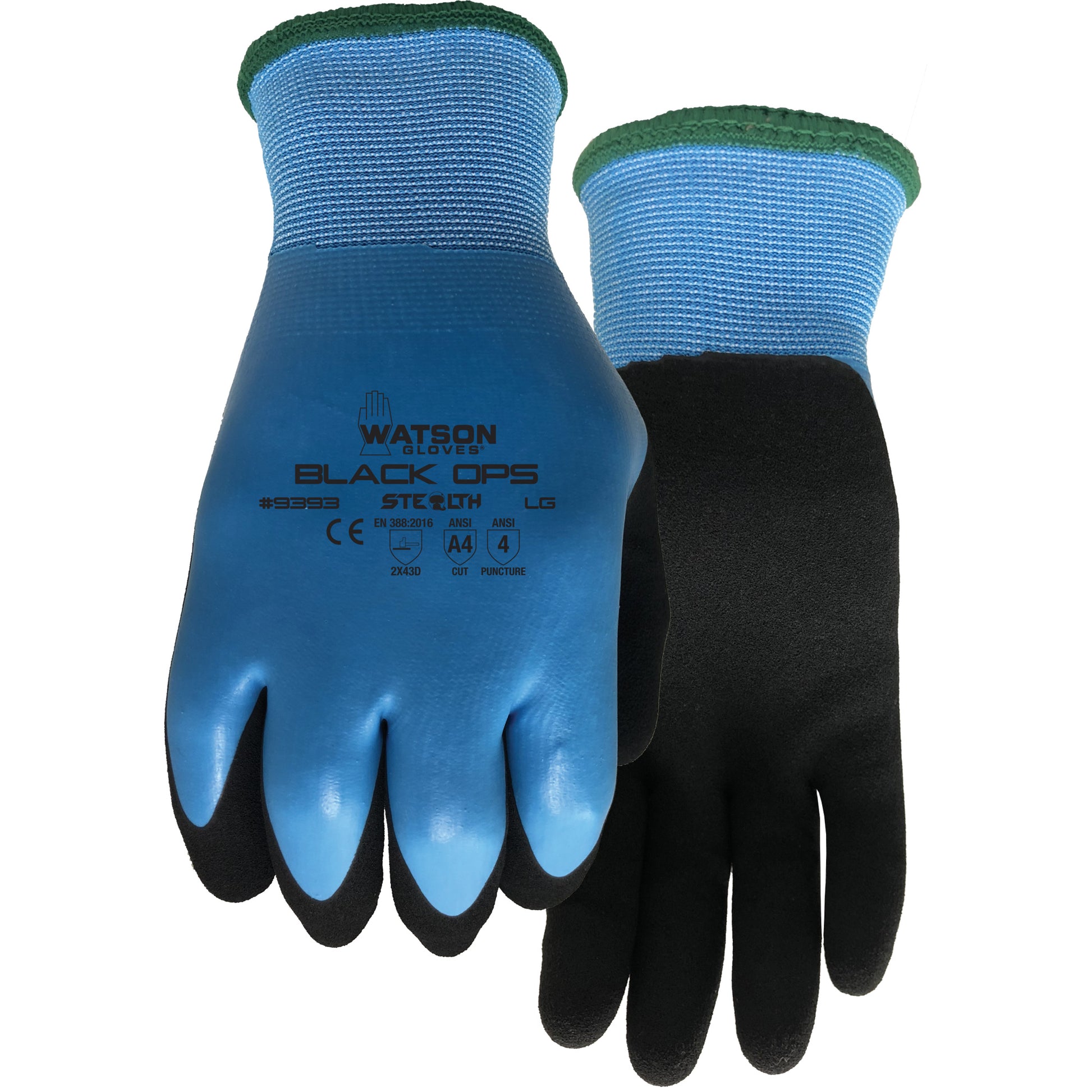 Watson Gloves Stealth Black Ops Water-Resistant Gloves, Size Large, 15 Gauge, Rubber Latex Coated, Polyester/Glass Fibre Shell, ASTM ANSI Level A4