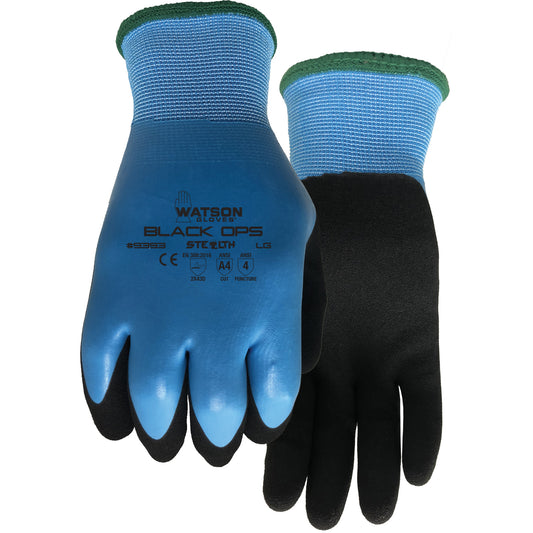 Watson Gloves Stealth Black Ops Water-Resistant Gloves, Size Large, 15 Gauge, Rubber Latex Coated, Polyester/Glass Fibre Shell, ASTM ANSI Level A4