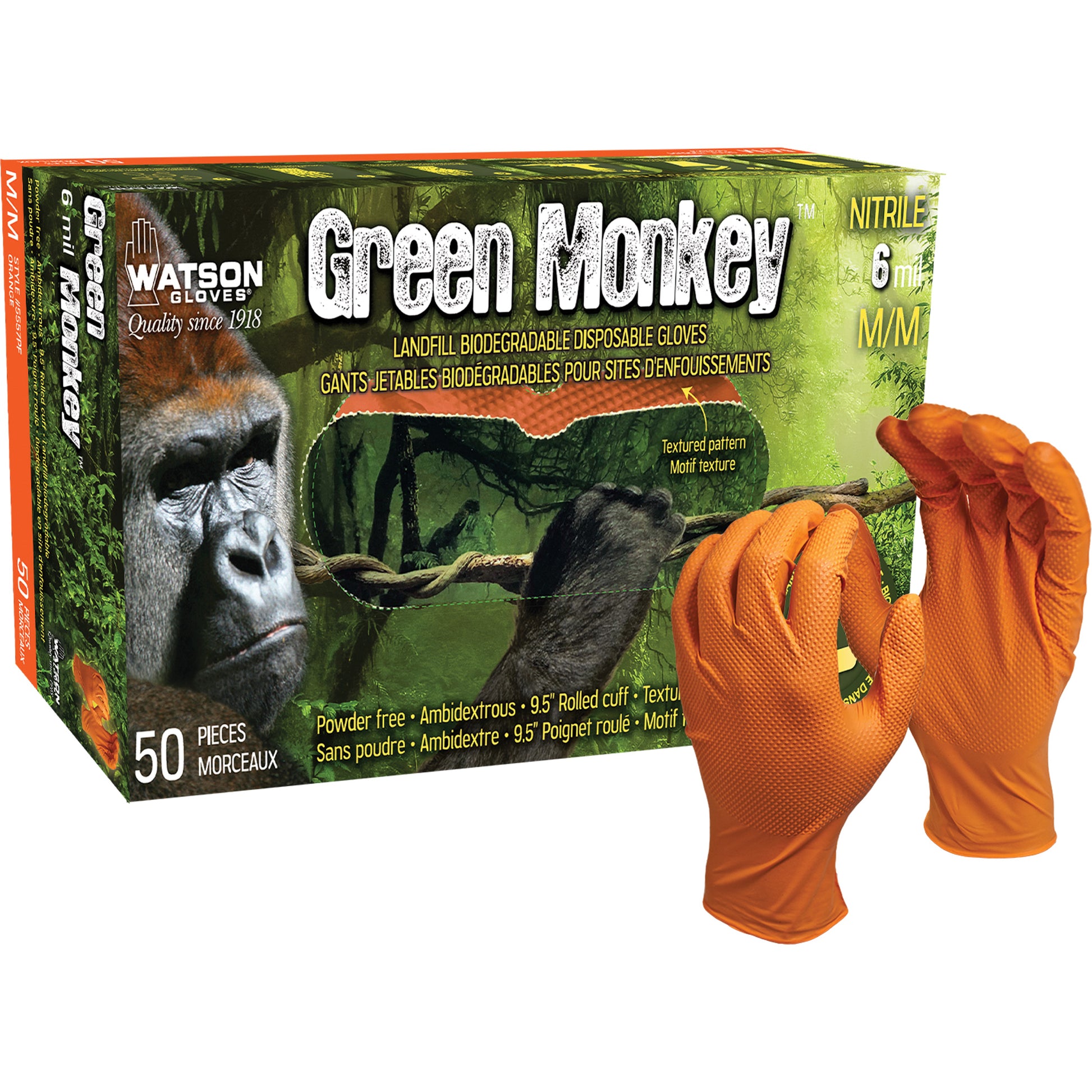 Watson Gloves Green Monkey™ Disposable Gloves, X-Large, Nitrile, 6-mil, Powder-Free, Orange