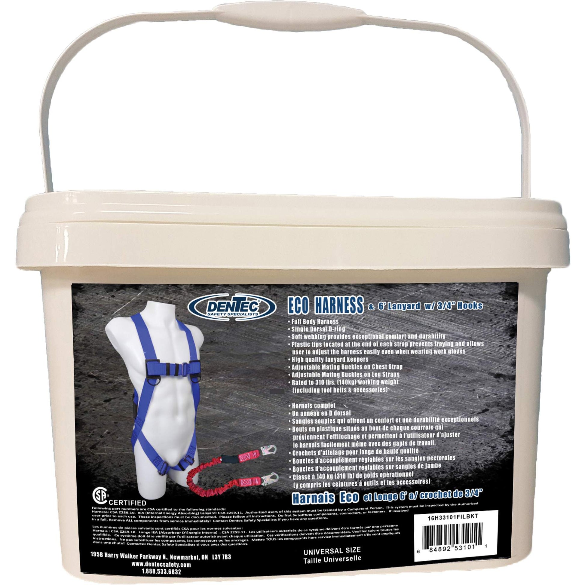 Dentec ECO™ Safety Harness in Pail with 6' Lanyard, CSA Certified, Class A, 255 lbs. Cap.