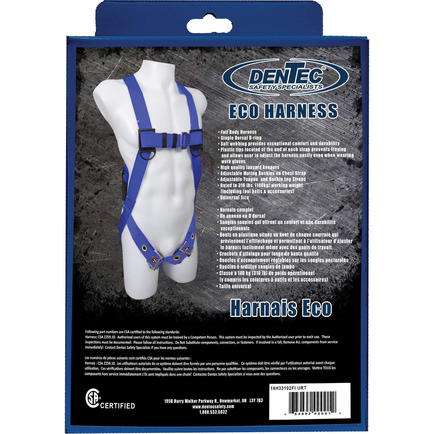Dentec ECO™ Safety Harness in Retail Box, CSA Certified, Class A, 352 lbs. Cap.