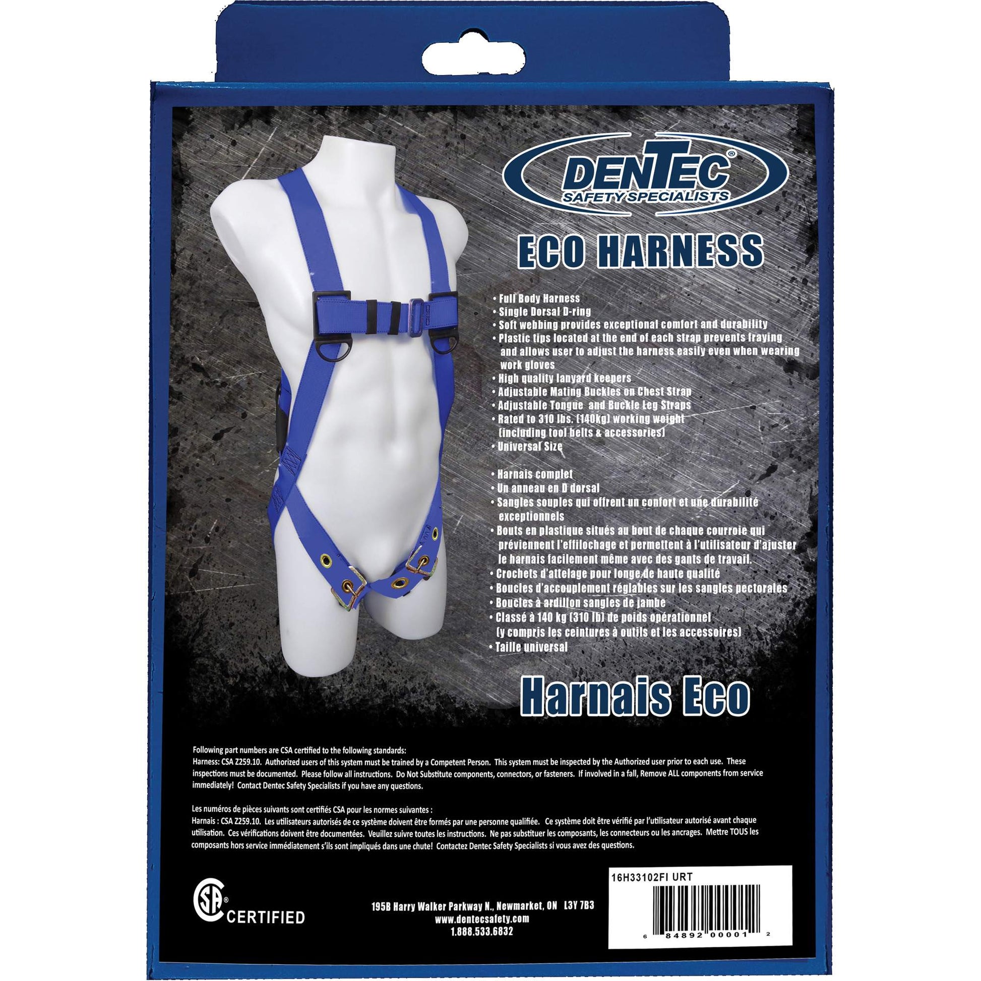 Dentec ECO™ Safety Harness in Retail Box, CSA Certified, Class A, 352 lbs. Cap.