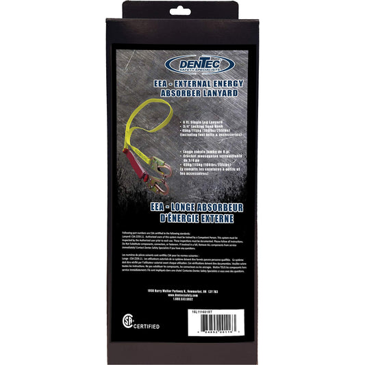 Dentec External Energy Absorber Lanyard with 3/4" Hook in Retail Box, 6', Snap Hook Center, Snap Hook Leg Ends, Polyester