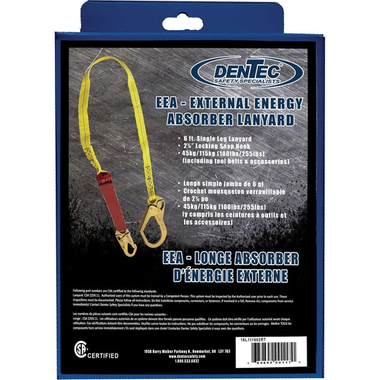 Dentec External Energy Absorber Lanyard with 2-1/4" Hook in Retail Box, 6', Snap Hook Center, Snap Hook Leg Ends, Polyester