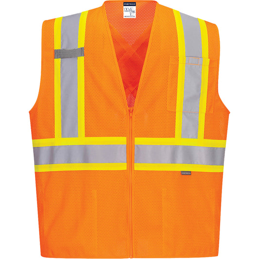 IFR Workwear Contrast-Striped Safety Vest, High Visibility Orange, Small, Polyester