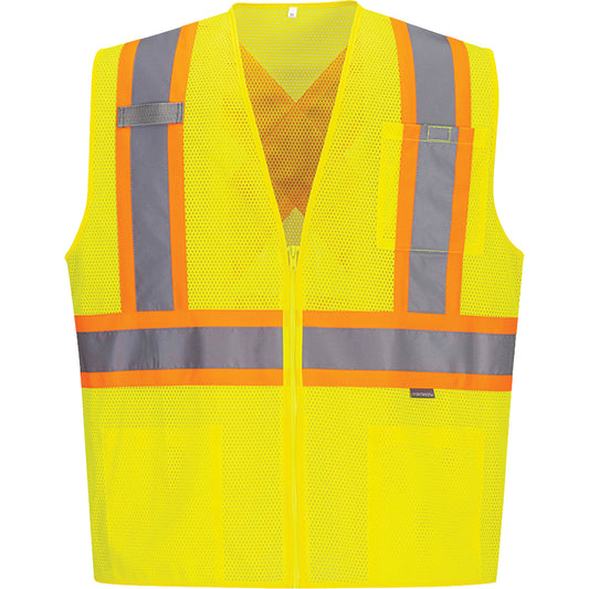 IFR Workwear Contrast-Striped Safety Vest, High Visibility Lime-Yellow, 2X-Large, Polyester