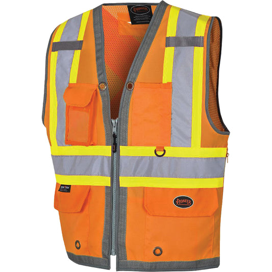 Pioneer Pioneer Mesh Back Zip Front Surveyor Safety Vest, High Visibility Orange, Medium, Polyester