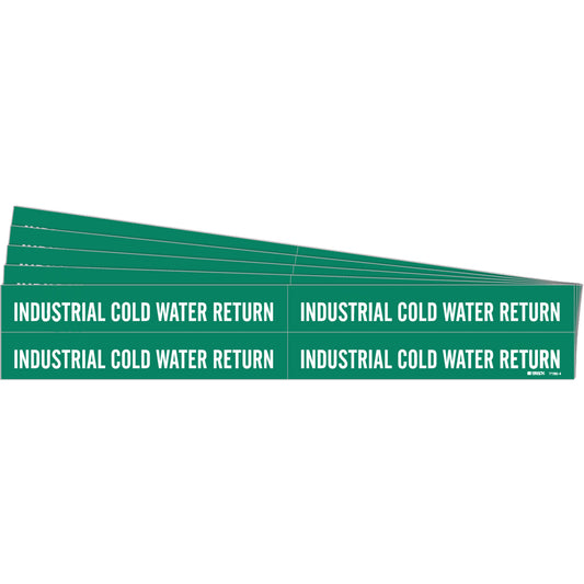 Brady "Industrial Cold Water Return" Pipe Markers, Self-Adhesive, 1-1/8" H x 7" W, White on Green