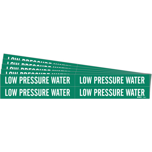 Brady "Low Pressure Water" Pipe Markers, Self-Adhesive, 1-1/8" H x 7" W, White on Green