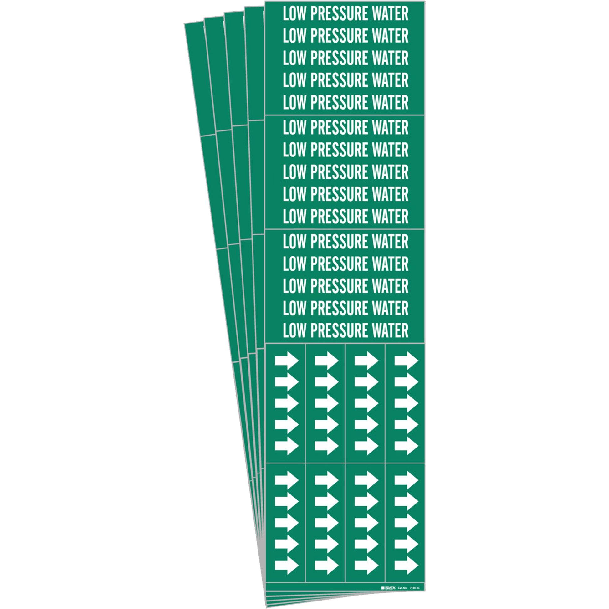 Brady "Low Pressure Water" Pipe Markers, Self-Adhesive, 2-1/4" H x 2-3/4" W, White on Green