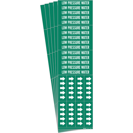 Brady "Low Pressure Water" Pipe Markers, Self-Adhesive, 2-1/4" H x 2-3/4" W, White on Green