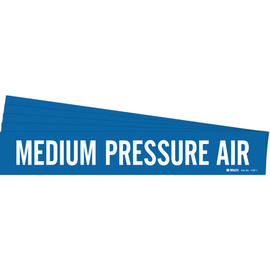 Brady "Medium Pressure Air" Pipe Marker, Self-Adhesive, 2-1/4" H x 14" W, White on Blue