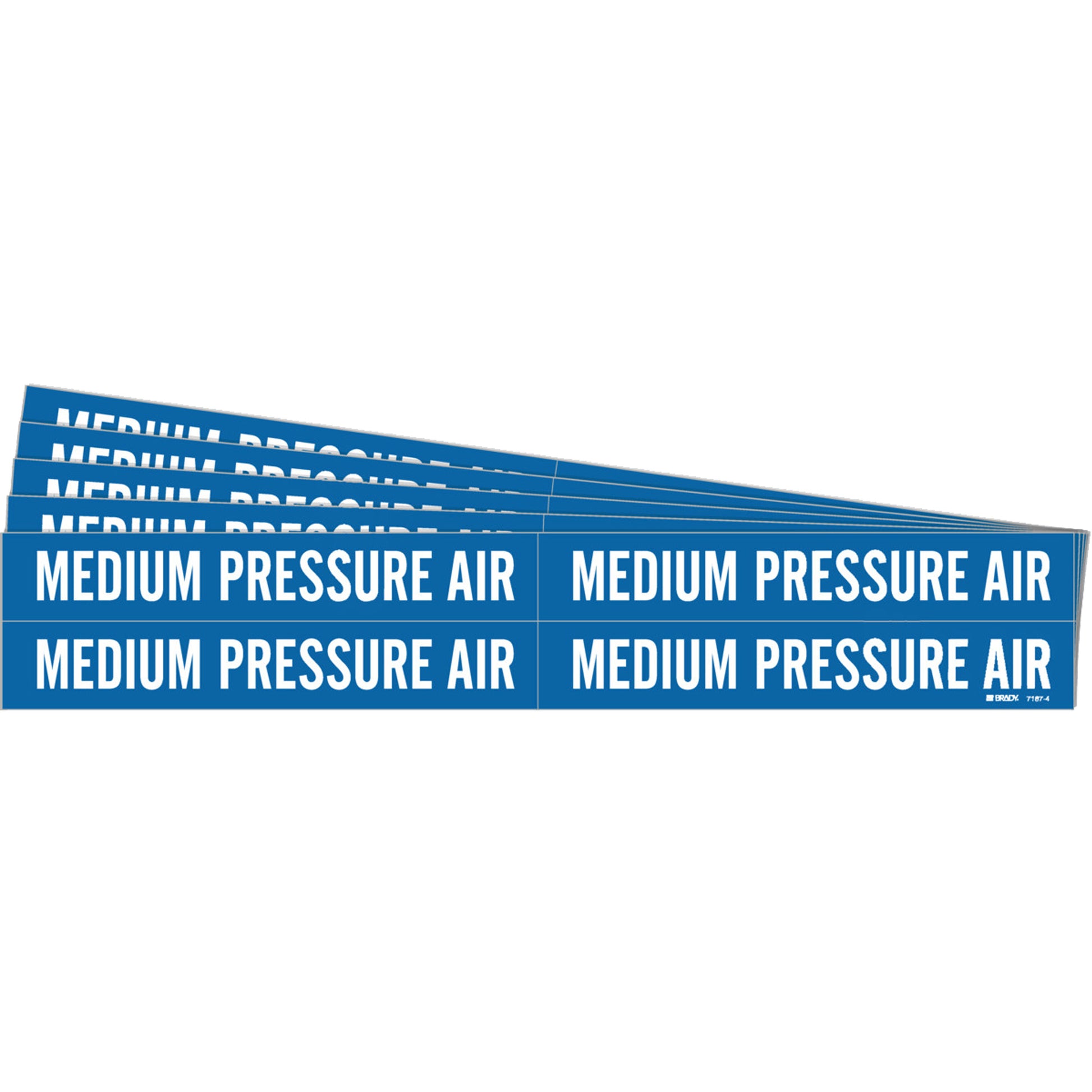 Brady "Medium Pressure Air" Pipe Markers, Self-Adhesive, 1-1/8" H x 7" W, White on Blue