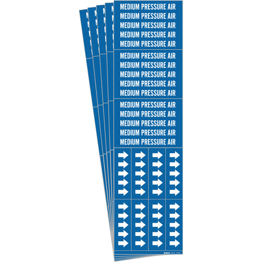 Brady "Medium Pressure Air" Pipe Markers, Self-Adhesive, 2-1/4" H x 2-3/4" W, White on Blue