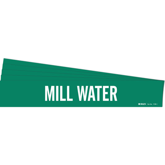 Brady "Mill Water" Pipe Marker, Self-Adhesive, 2-1/4" H x 14" W, White on Green