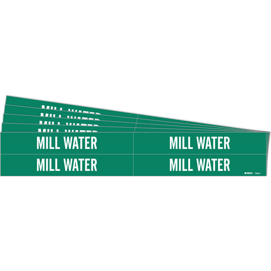 Brady "Mill Water" Pipe Markers, Self-Adhesive, 1-1/8" H x 7" W, White on Green