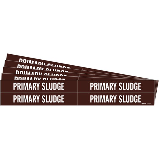 Brady "Primary Sludge" Pipe Markers, Self-Adhesive, 1-1/8" H x 7" W, White on Brown