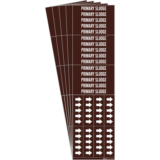 Brady "Primary Sludge" Pipe Markers, Self-Adhesive, 2-1/4" H x 2-3/4" W, White on Brown