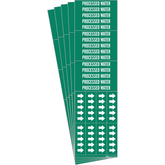 Brady "Processed Water" Pipe Markers, Self-Adhesive, 2-1/4" H x 2-3/4" W, White on Green