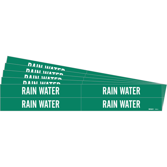 Brady "Rain Water" Pipe Markers, Self-Adhesive, 1-1/8" H x 7" W, White on Green