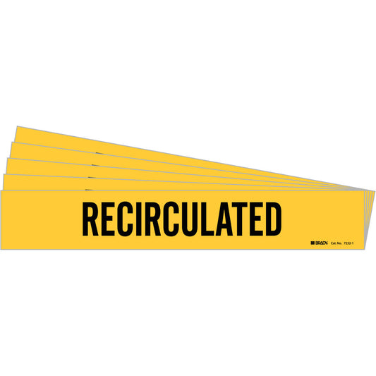 Brady "Recirculated" Pipe Marker, Self-Adhesive, 2-1/4" H x 14" W, Black on Yellow
