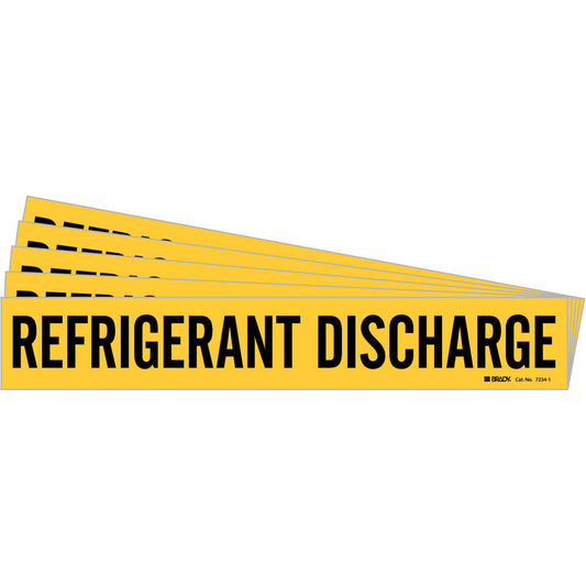Brady "Refrigerant Discharge" Pipe Marker, Self-Adhesive, 2-1/4" H x 14" W, Black on Yellow