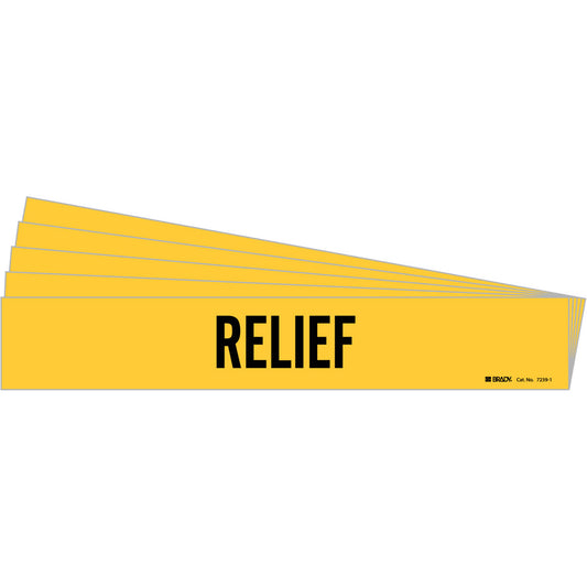 Brady "Relief" Pipe Marker, Self-Adhesive, 1-1/8" H x 7" W, Black on Yellow