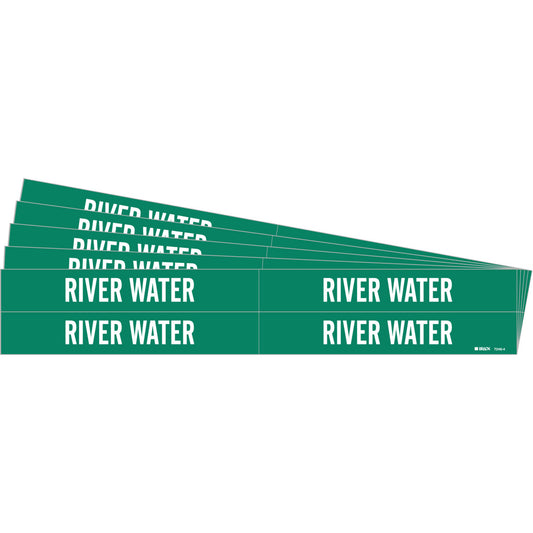 Brady "River Water" Pipe Marker, Self-Adhesive, 1-1/8" H x 7" W, White on Green