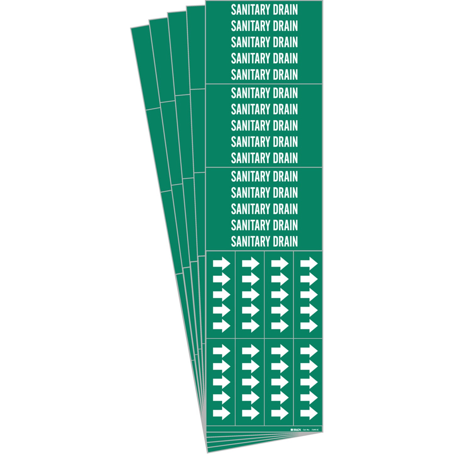 Brady "Sanitary Drain" Pipe Markers, Self-Adhesive, 1-1/8" H x 7" W, White on Green