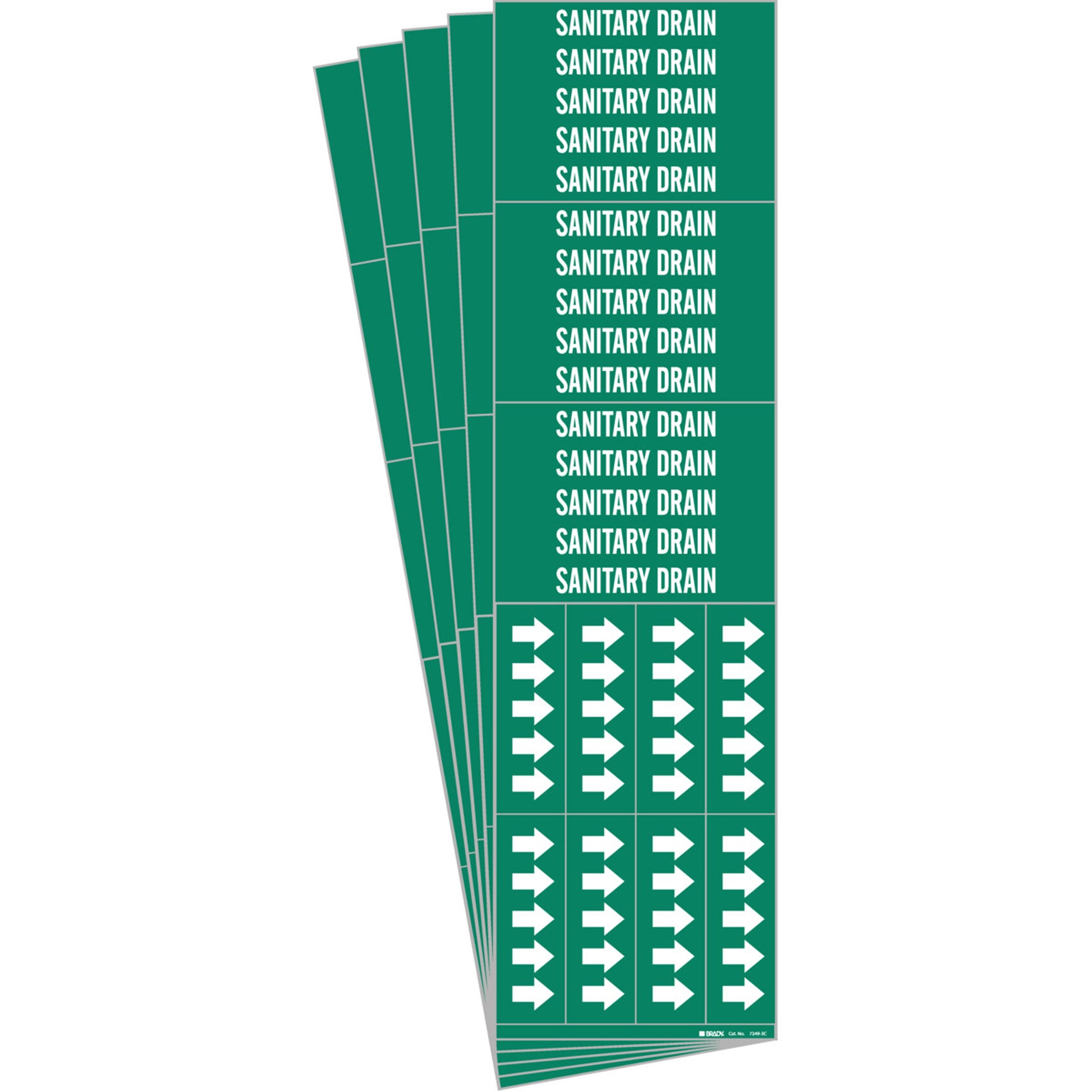 Brady "Sanitary Drain" Pipe Markers, Self-Adhesive, 1-1/8" H x 7" W, White on Green