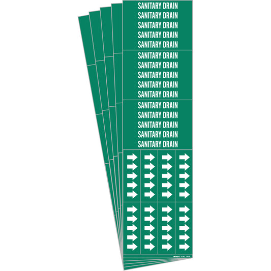 Brady "Sanitary Drain" Pipe Markers, Self-Adhesive, 1-1/8" H x 7" W, White on Green