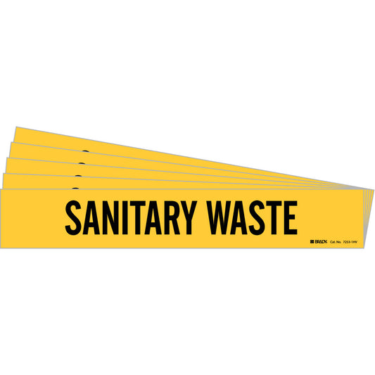 Brady "Sanitary Waste" Pipe Marker, Self-Adhesive, 4" H x 24" W, Black on Yellow
