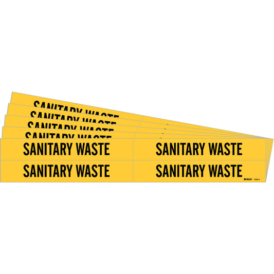 Brady "Sanitary Waste" Pipe Markers, Self-Adhesive, 1-1/8" H x 7" W, Black on Yellow