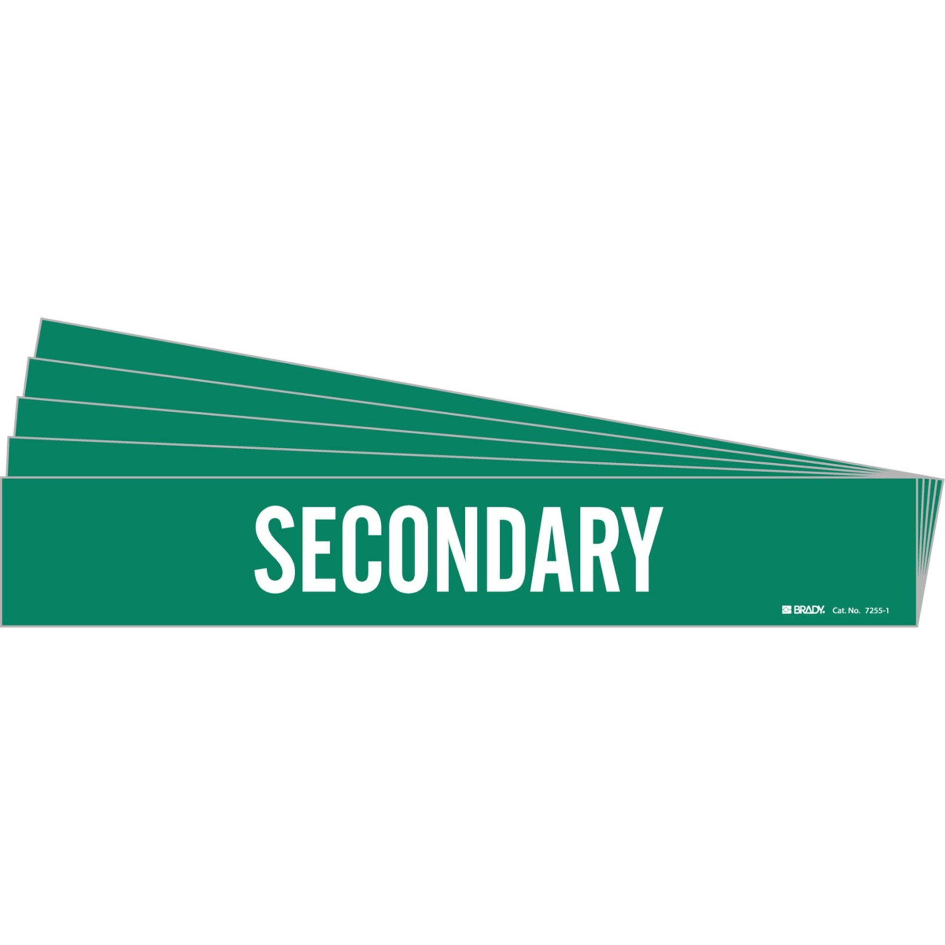 Brady "Secondary" Pipe Marker, Self-Adhesive, 2-1/4" H x 14" W, White on Green
