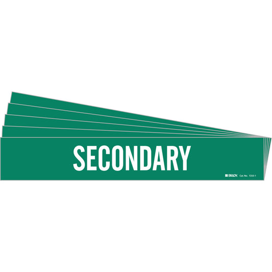 Brady "Secondary" Pipe Marker, Self-Adhesive, 2-1/4" H x 14" W, White on Green