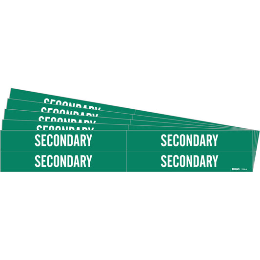 Brady "Secondary" Pipe Marker, Self-Adhesive, 1-1/8" H x 7" W, White on Green