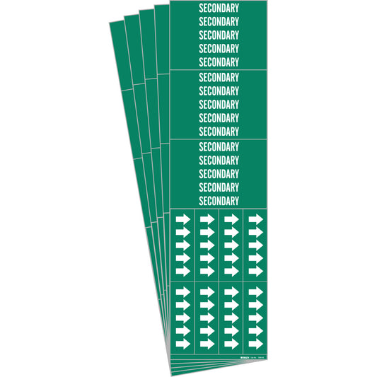 Brady "Secondary" Pipe Markers, Self-Adhesive, 2-1/4" H x 2-3/4" W, White on Green