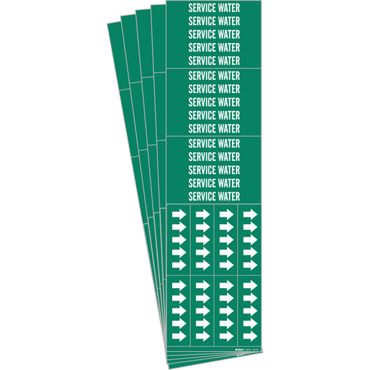 Brady "Service Water" Pipe Marker, Self-Adhesive, 2-1/4" H x 2-3/4" W, White on Green