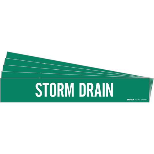 Brady "Storm Drain" Pipe Marker, Self-Adhesive, 4" H x 24" W, White on Green