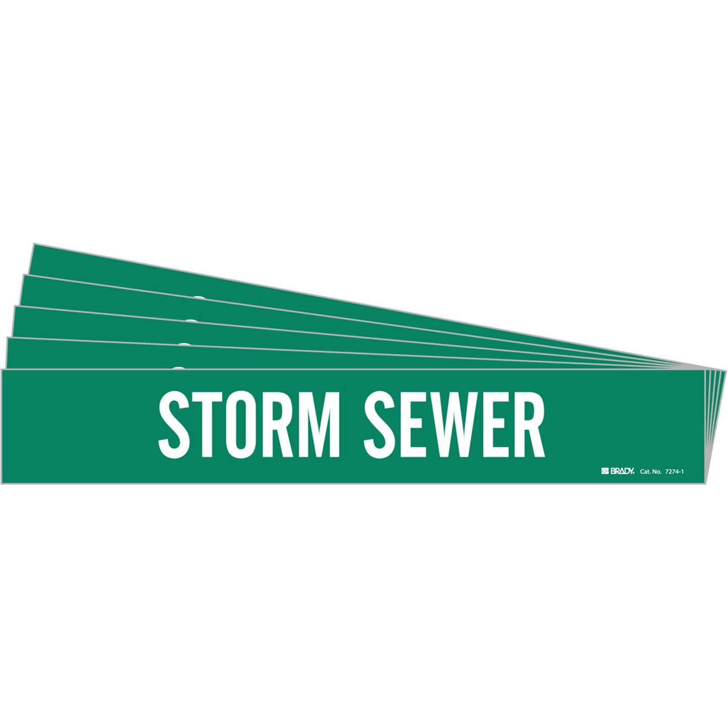 Brady "Storm Sewer" Pipe Marker, Self-Adhesive, 2-1/4" H x 14" W, White on Green