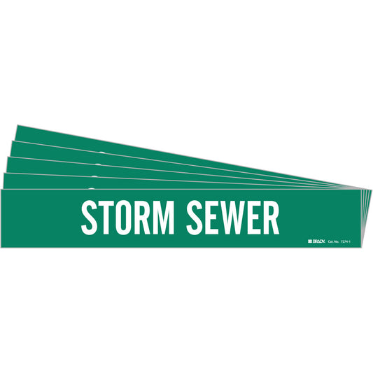 Brady "Storm Sewer" Pipe Marker, Self-Adhesive, 2-1/4" H x 14" W, White on Green
