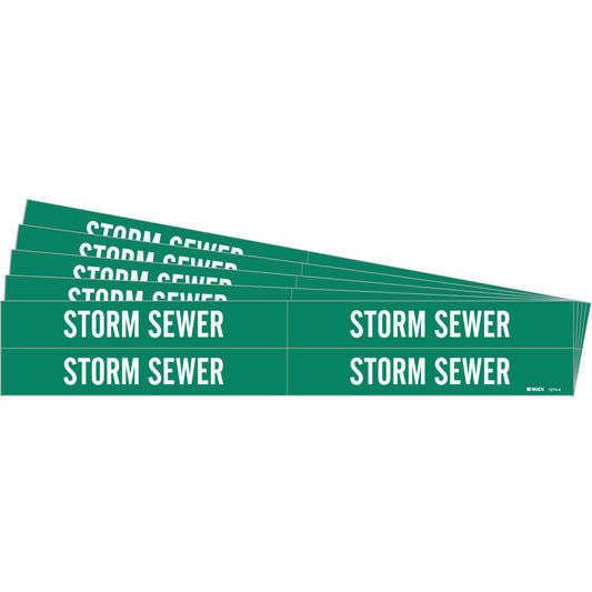Brady "Storm Sewer" Pipe Markers, Self-Adhesive, 1-1/8" H x 7" W, White on Green