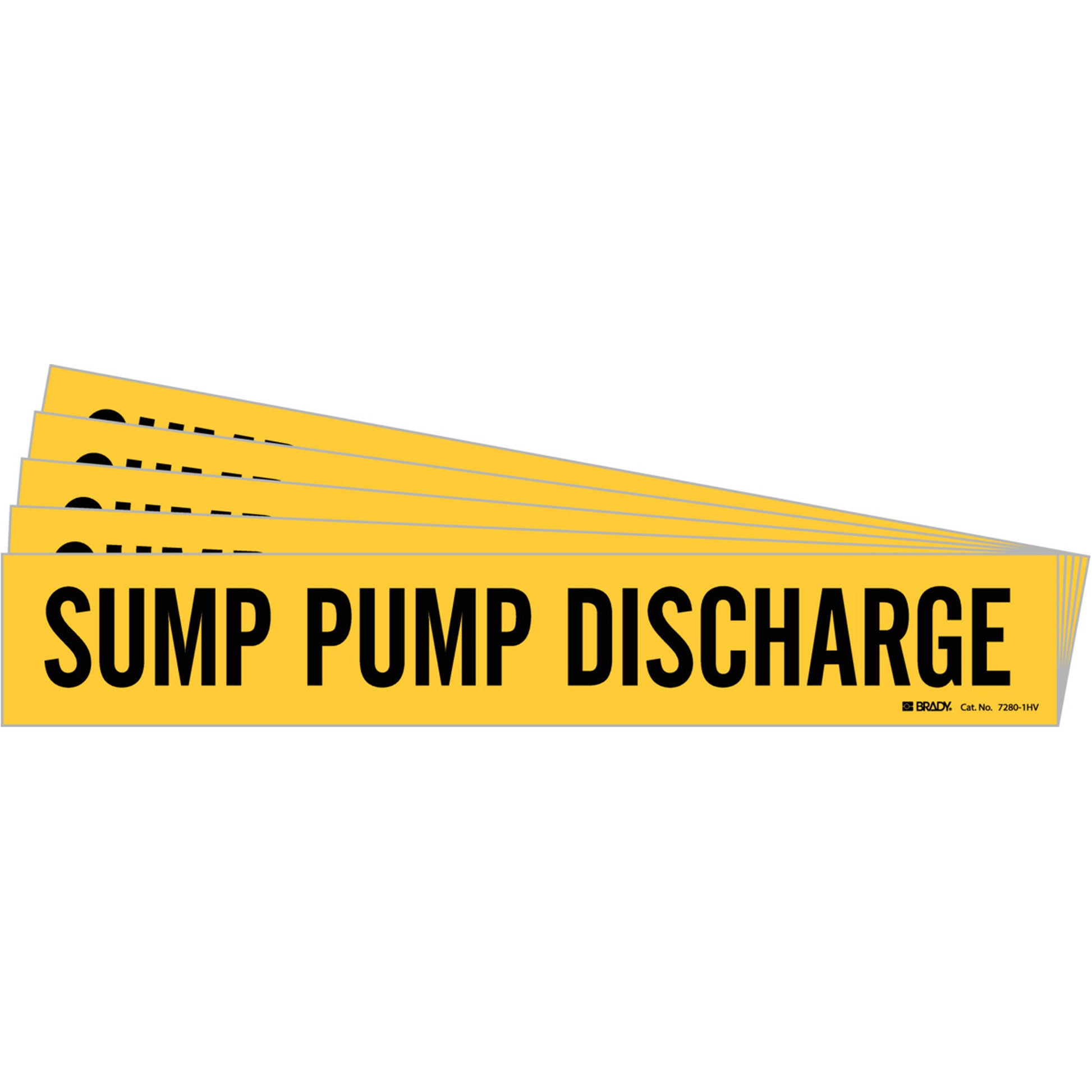 Brady "Sump Pump Discharge" Pipe Marker, Self-Adhesive, 4" H x 20" W, Black on Yellow
