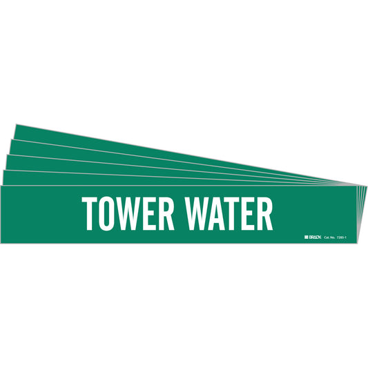 Brady "Tower Water" Pipe Marker, Self-Adhesive, 2-1/4" H x 14" W, White on Green