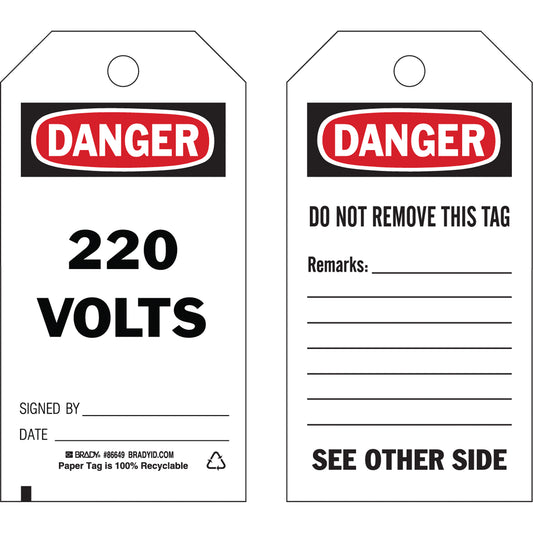 Brady Safety Tags, Cardstock, 3" W x 5-3/4" H, English