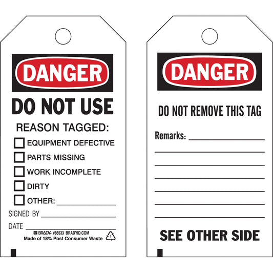 Brady Safety Tags, Plastic, 3" W x 5-3/4" H, English