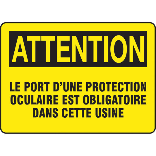 Accuform Signs "Protection oculaire" Sign, 7" x 10", Plastic, French